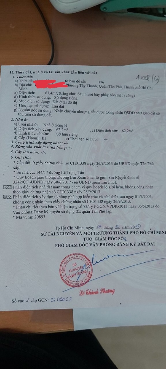 Chính chủ cần bán nhà Phường Tây Thạnh Quận Tân Phú TP HCM