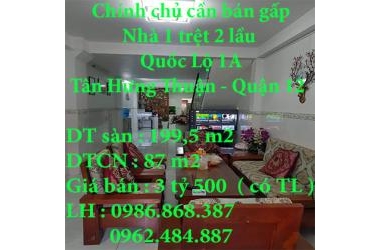 Chính chủ cần bán gấp nhà 2543 Quốc Lộ 1A , Tân Hưng Thuận ,Quận 12 , Thành Phố Hồ Chí Minh