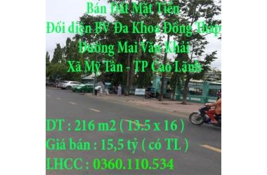 Bán Đất Mặt Tiền TP Cao Lãnh, đối diện BV Đa Khoa Đồng Tháp.