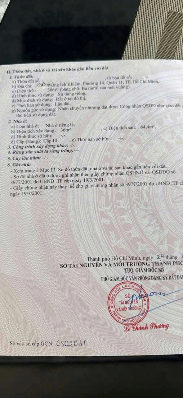 ÔNG ÍCH KHIÊM, P.14, QUẬN 11, HXH, DT 36m2, KHÔNG LỘ GIỚI, 2 TẦNG, 6.2 TỶ (TL)