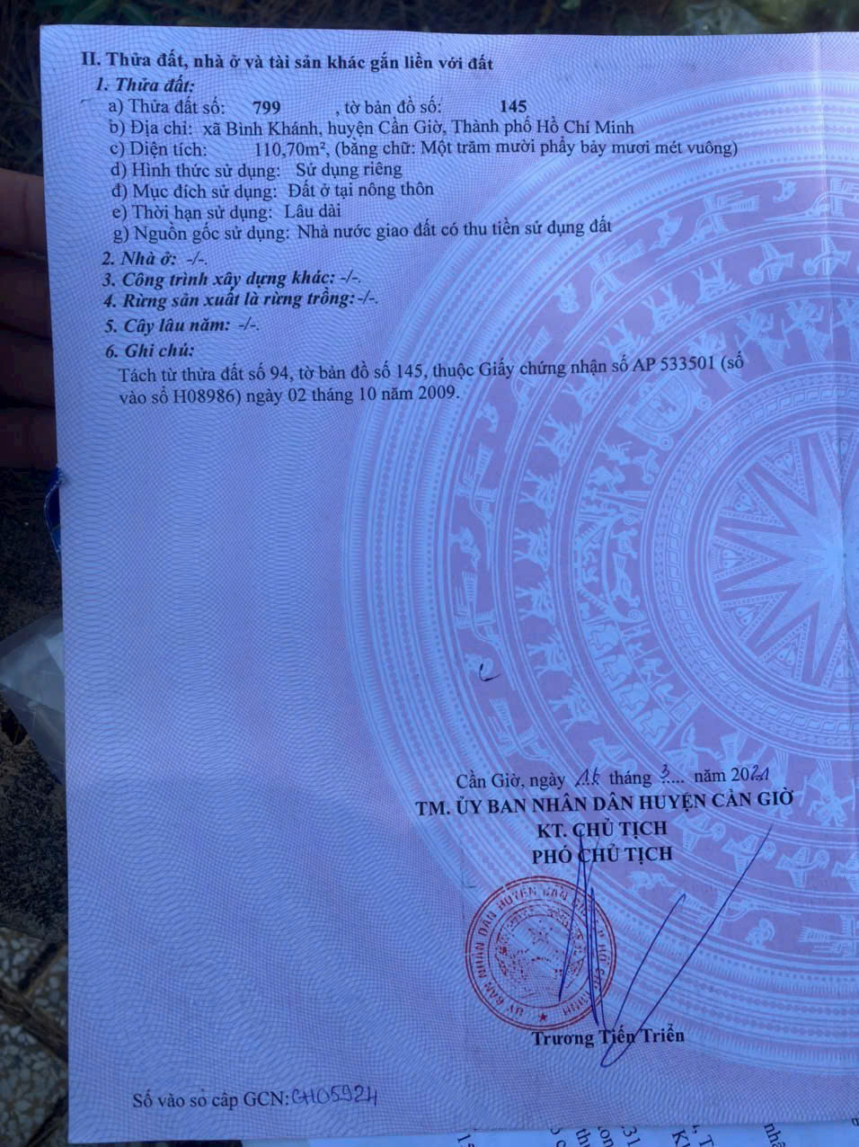 Bán gấp lô đất Mặt tiền 111m2 Trần Quang Nhơn X. Bình Khánh , Cần giờ , 2,550 tỷ