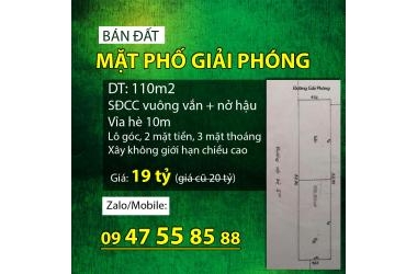 Bán nhà mặt phố Giải Phóng, Lô góc 2 mặt tiền, 3 mặt thoáng, 110m2 giá 19 tỷ